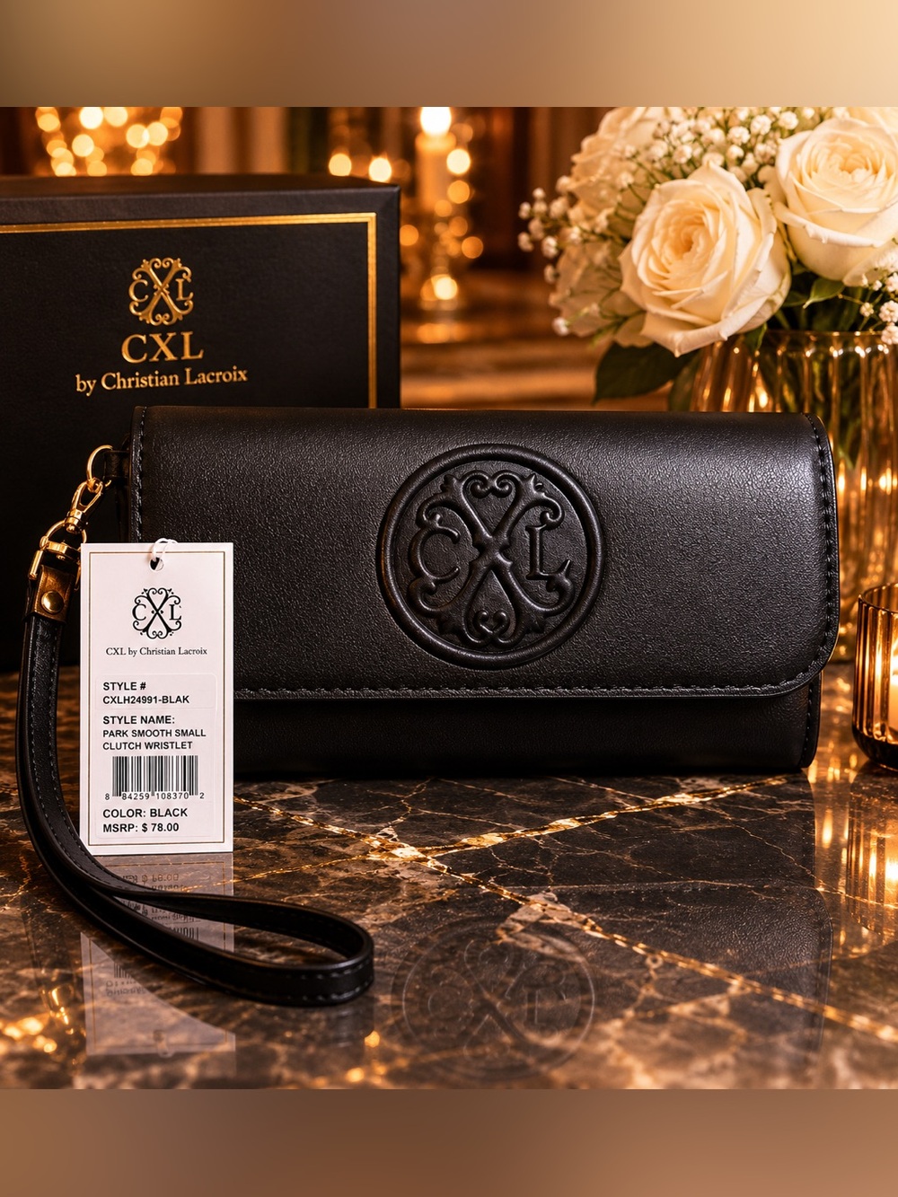Christian Lacroix Black Embossed Logo Clutch Wristlet